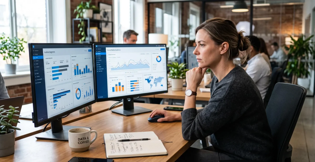 Un professionnel du marketing digital analyse des données d'audience sur deux écrans affichant des tableaux de bord analytics de réseaux sociaux.
