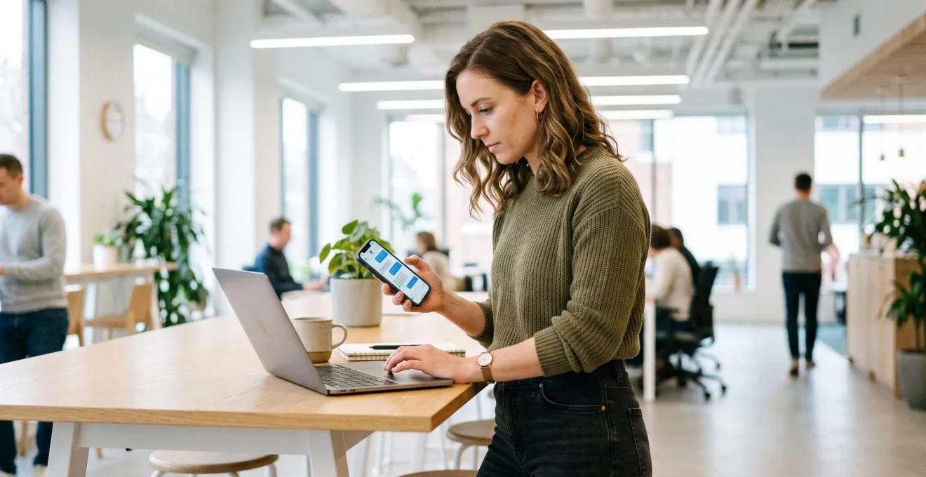 Un community manager répond activement à des messages et commentaires sur smartphone tout en utilisant son ordinateur portable sur un bureau assis-debout.