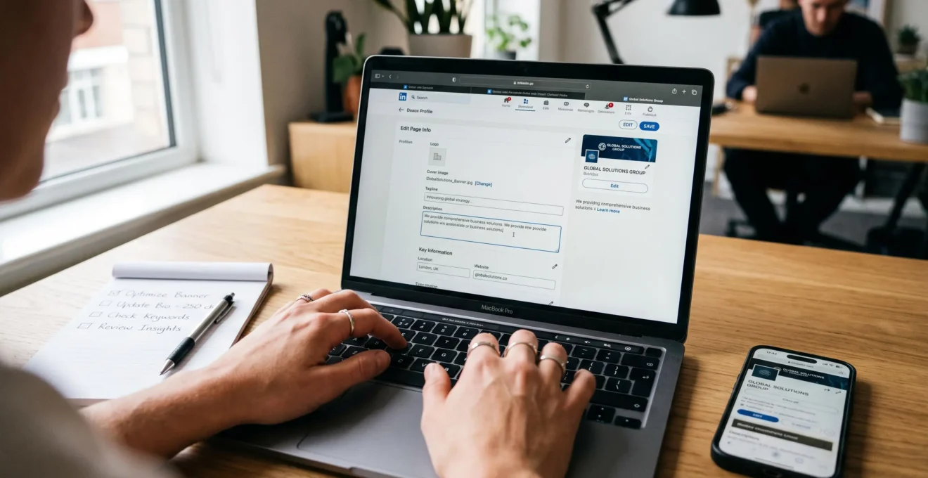 Gros plan sur des mains tapant au clavier pour optimiser un profil d'entreprise sur une plateforme de réseau social professionnel.