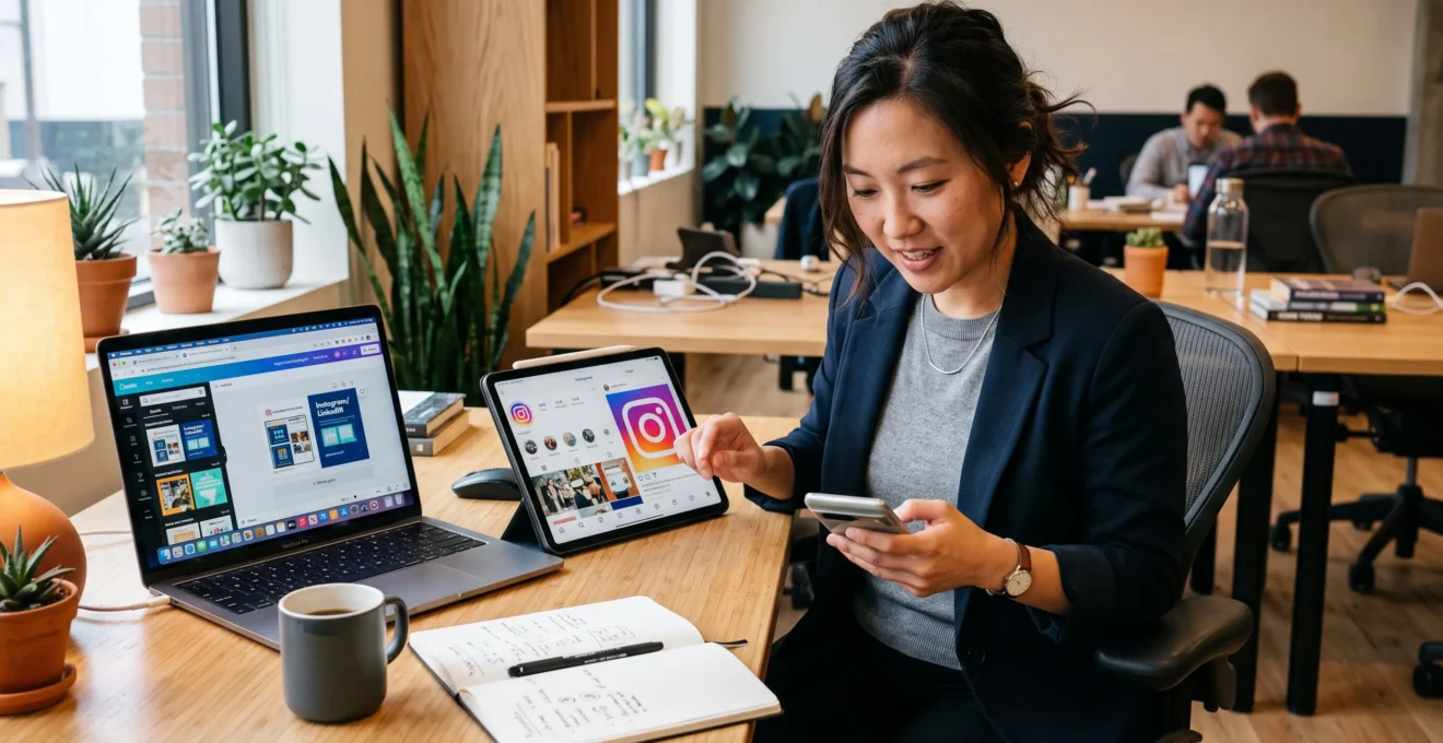 Un social media manager crée du contenu visuel pour les réseaux sociaux en utilisant simultanément une tablette, un smartphone et un ordinateur dans un espace de travail moderne.