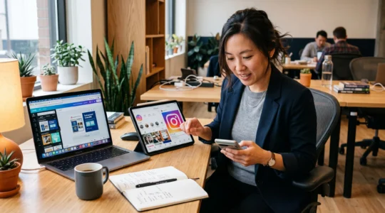 Un social media manager crée du contenu visuel pour les réseaux sociaux en utilisant simultanément une tablette, un smartphone et un ordinateur dans un espace de travail moderne.